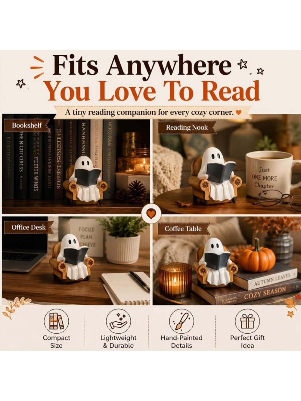 Halloween Ghost Reading Book Statue For Book Lovers Gifts And Indoor Decorations - Picture 6 of 6